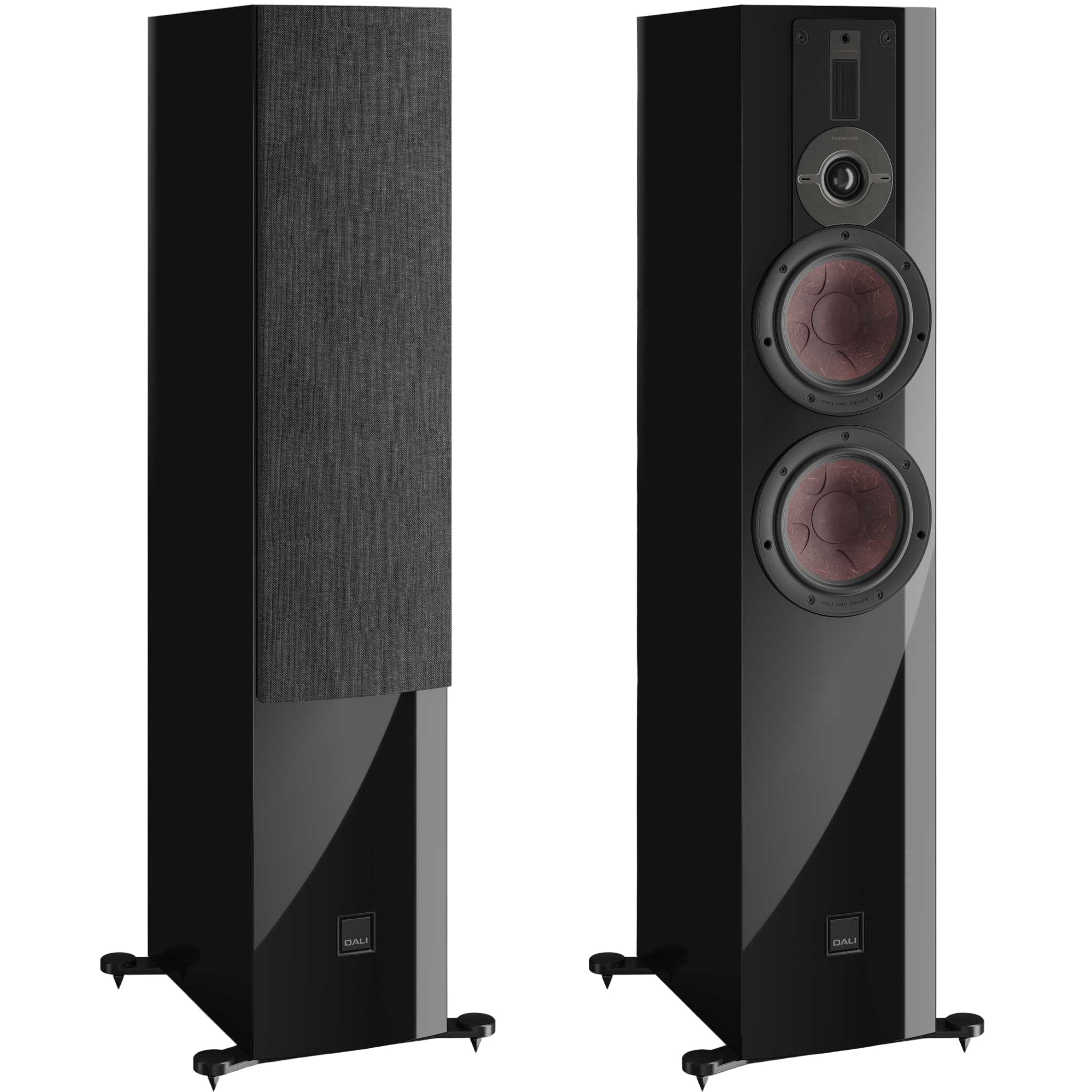 Pair of DALI Rubikore 6 black passive floorstanding speakers with sleek design and modern speaker grille.