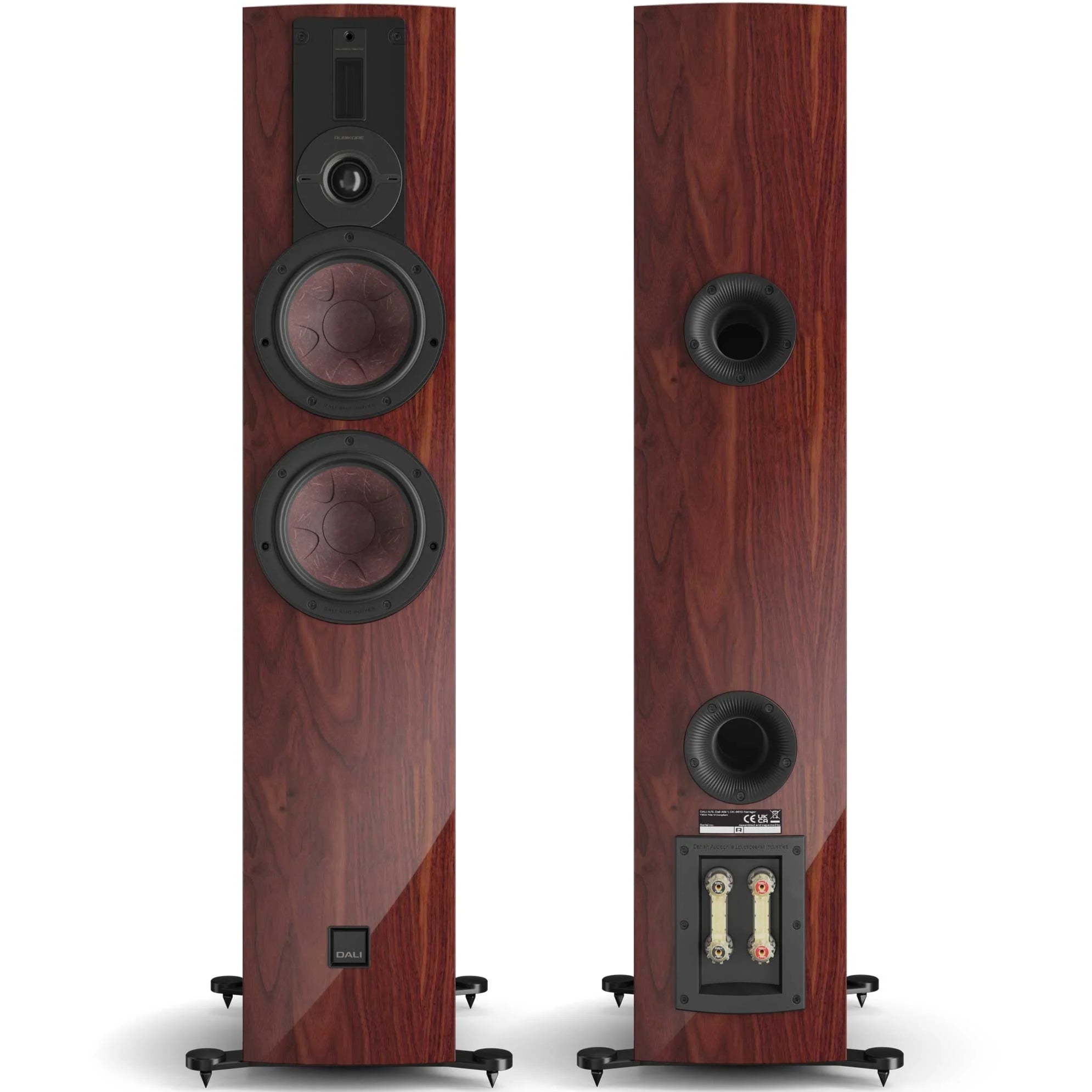 DALI Rubikore 6 passive floorstanding speakers in maroon, showcasing sleek design and premium build quality.