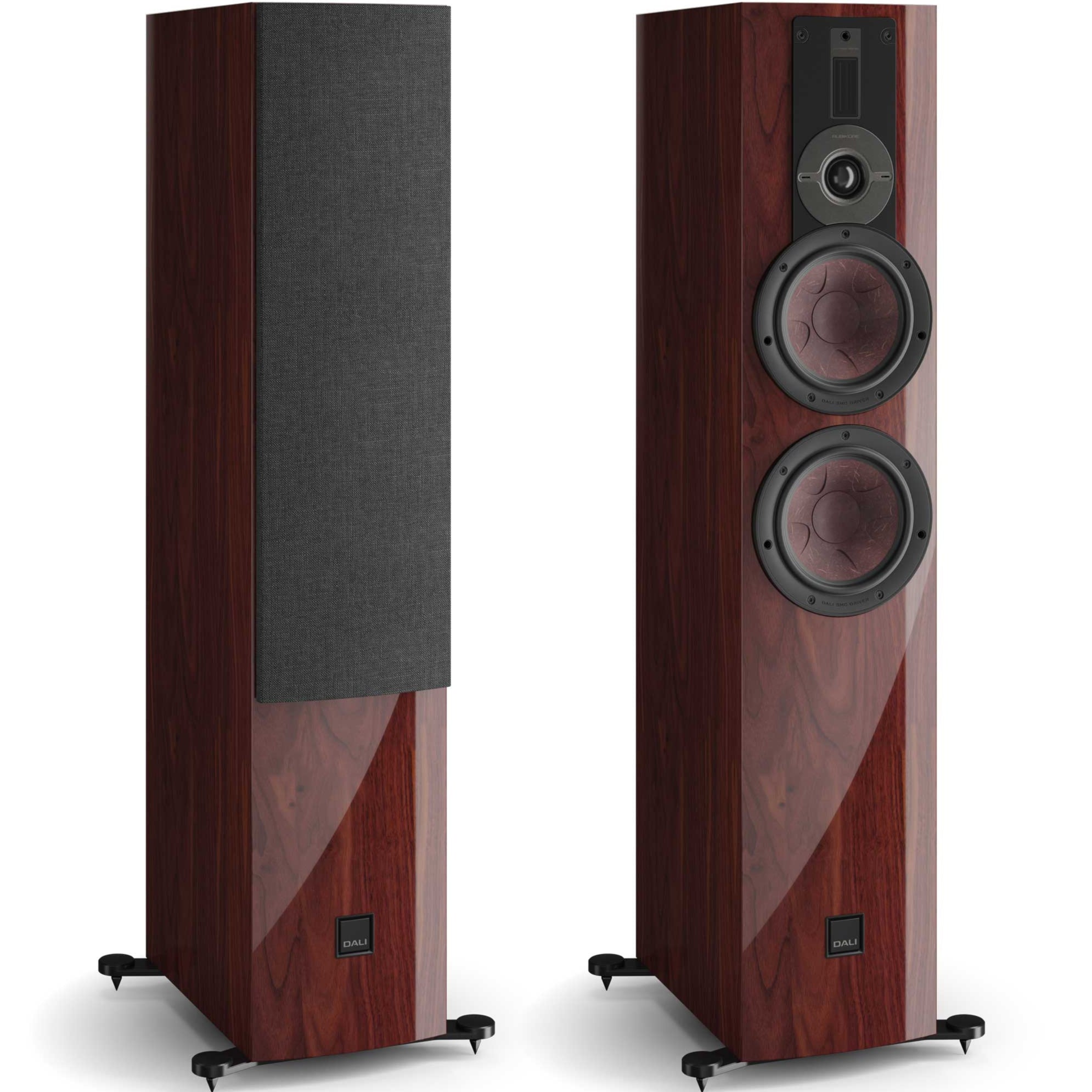 Pair of DALI Rubikore 6 maroon passive floorstanding speakers with sleek design and wood finish, showcasing their stylish presence.