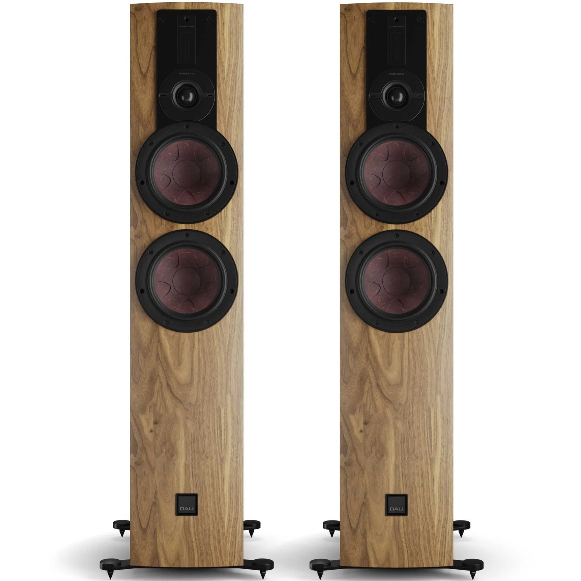 DALI Rubikore 6 passive floorstanding speakers in walnut finish, showcasing sleek front design and high-quality audio components.
