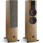 Pair of DALI Rubikore 6 passive floorstanding speakers in walnut finish, showcasing sleek design and wood grain texture.