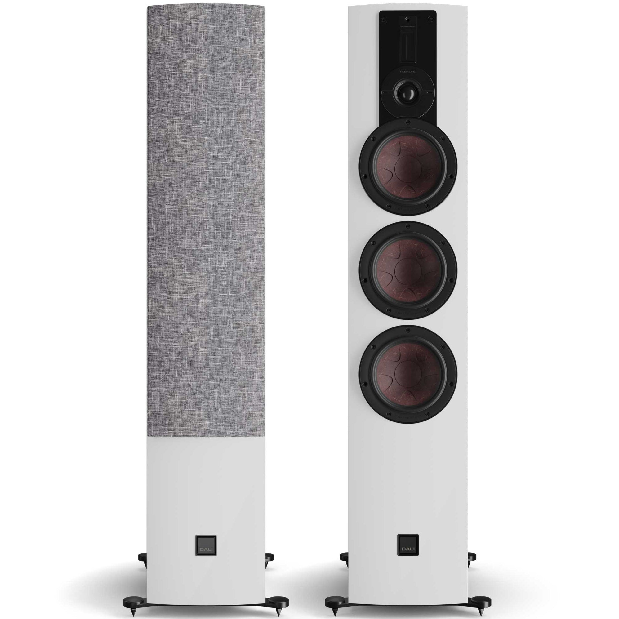 DALI Rubikore 8 passive floorstanding speakers in white, showcasing sleek design and full-range speaker drivers.