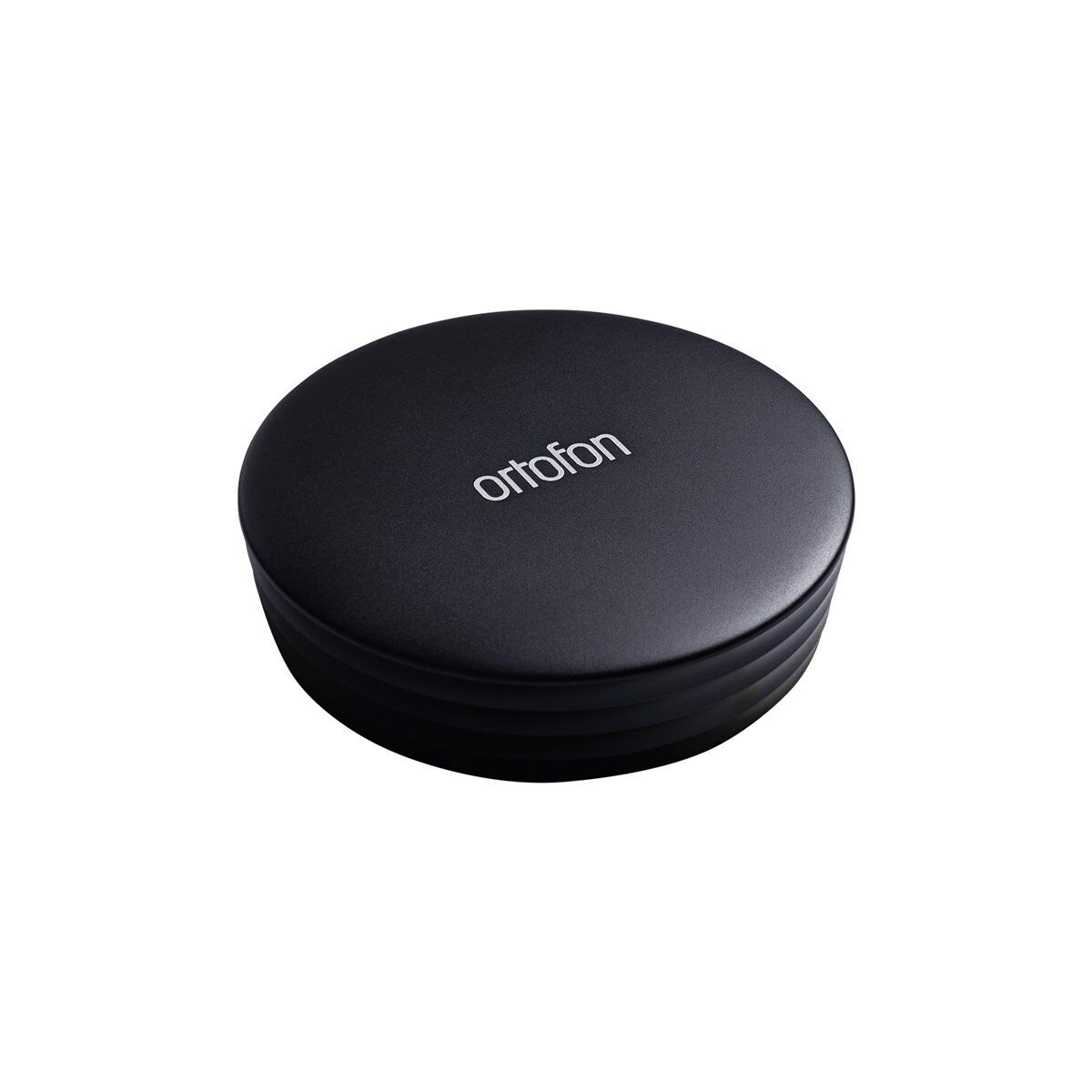 Black Ortofon record stabilizer weighing 240g, designed to enhance vinyl playback and reduce vibrations on turntables.