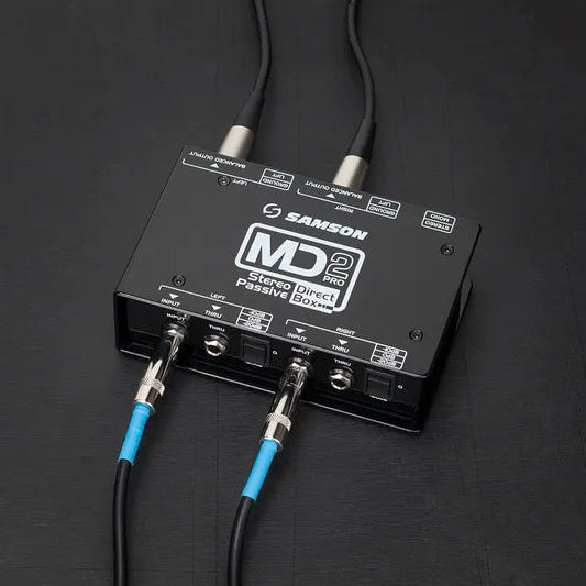 Samson MD2 Pro DI box with multiple input options and rugged design, used for audio signal conversion and enhancement.