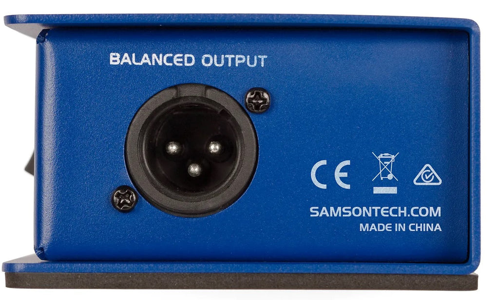 Samson MDA1 DI box with input and output jacks, compact audio interface for professional sound applications.
