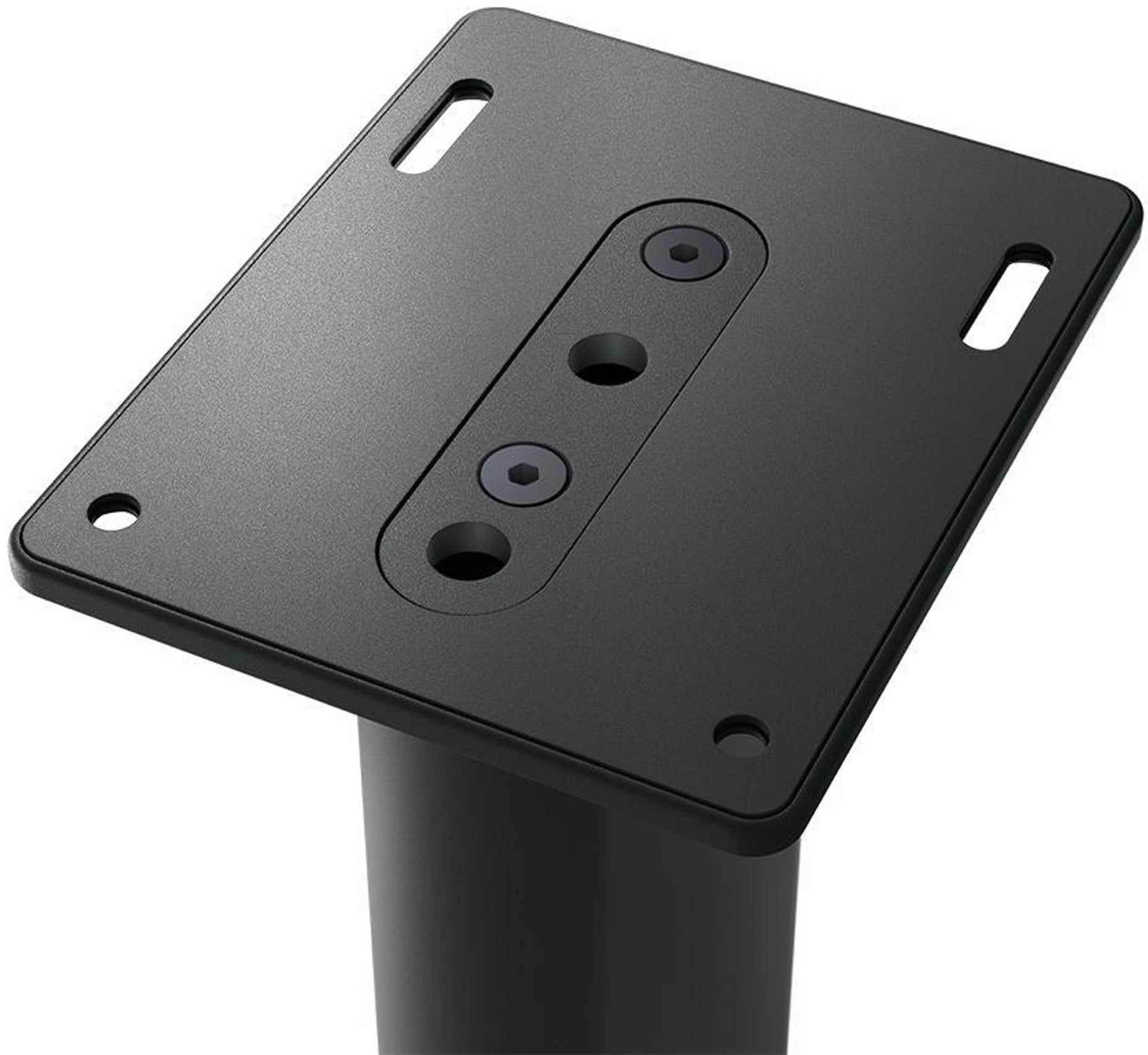 KEF S2 speaker stands in carbon black with top plate detail, designed to support KEF LS50 speakers.