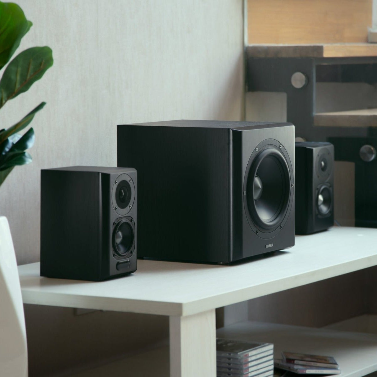 Pair of Edifier S351DB desktop speakers with a subwoofer, featuring black enclosures and control knobs on the front panel.
