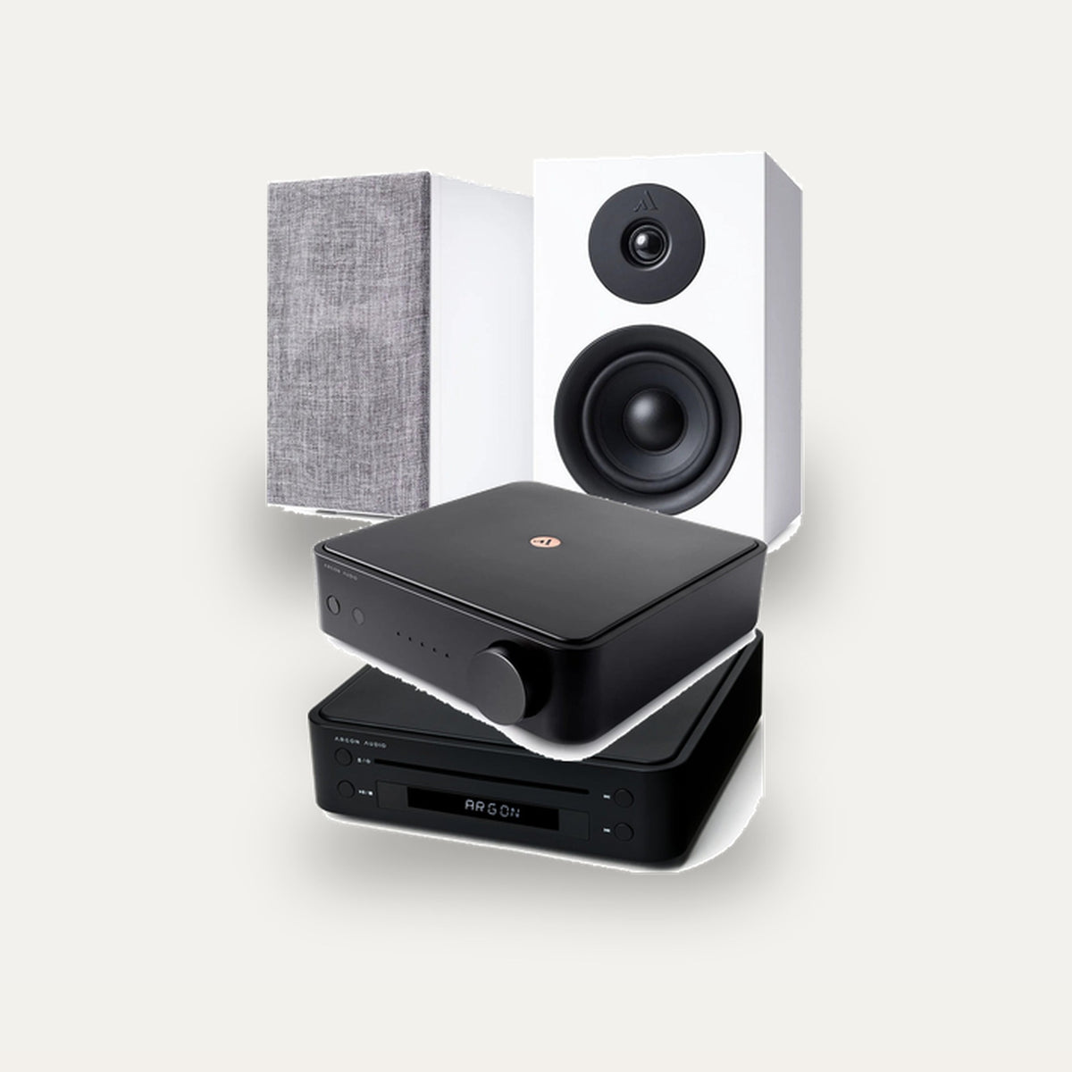 Argon Audio SA1 MK2 + CD1 + Forus 4 Hi-Fi System: amplifier in Black, CD player in Black, speakers in White