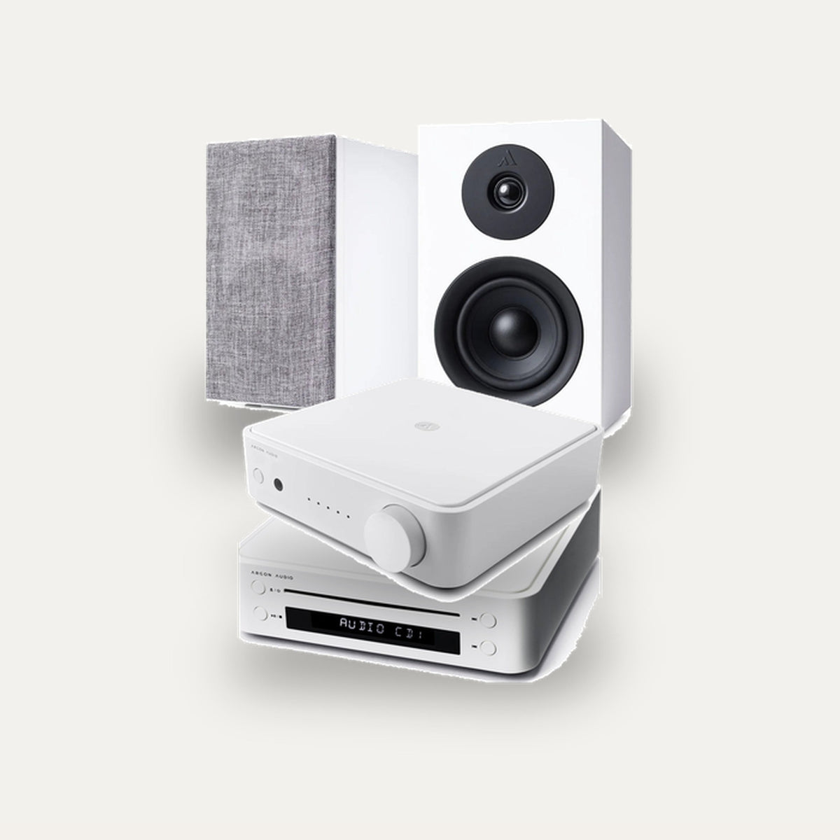 Argon Audio SA1 MK2 + CD1 + Forus 4 Hi-Fi System: amplifier in White, CD player in White, speakers in White
