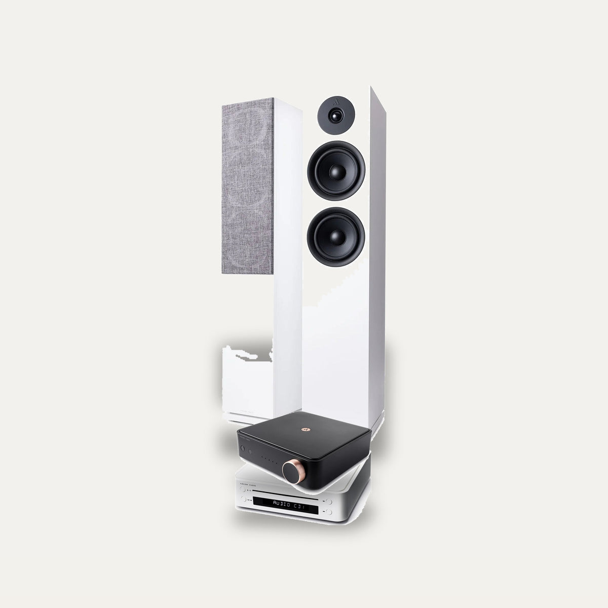 Argon Audio SA2 + CD1 + Forus 55 Hi-Fi System: amplifier in Black, CD player in White, speakers in White