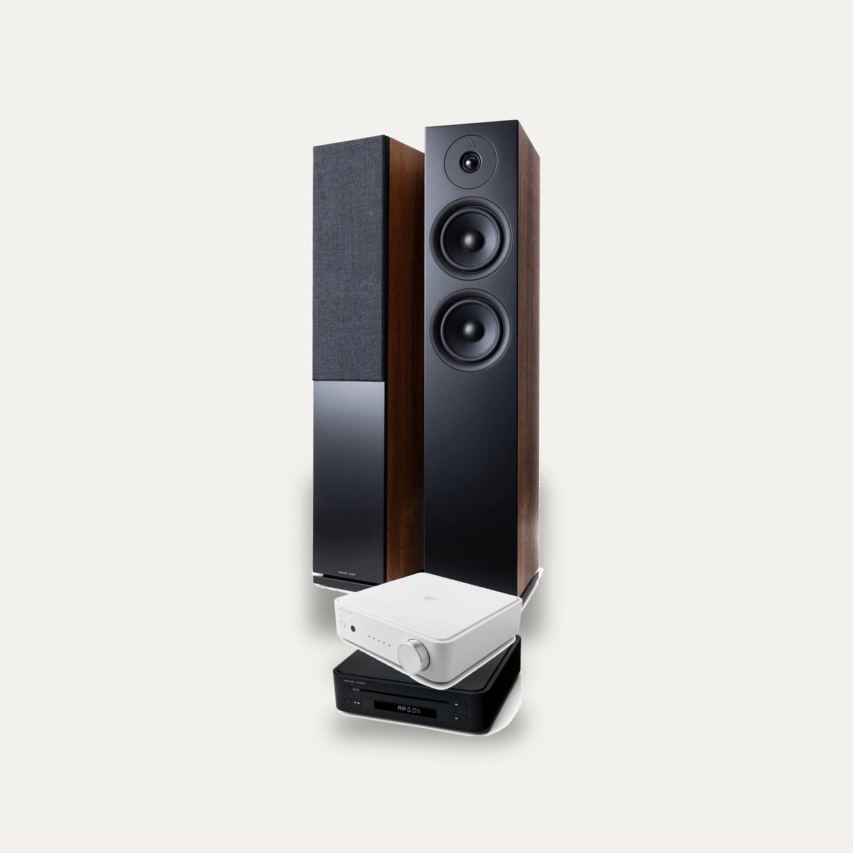 Argon Audio SA2 + CD1 + Forus 55 Hi-Fi System: amplifier in White, CD player in Black, speakers in Walnut