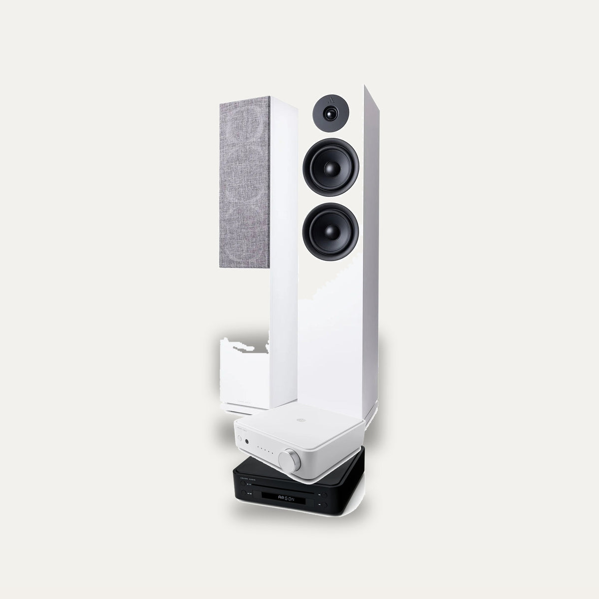 Argon Audio SA2 + CD1 + Forus 55 Hi-Fi System: amplifier in White, CD player in Black, speakers in White