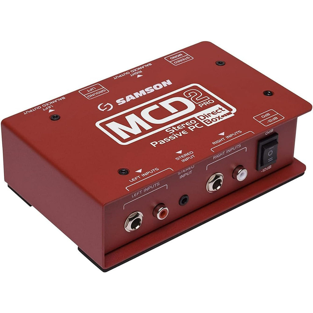 Samson MCD2 Pro DI box with balanced XLR and 1/4-inch outputs, compact audio interface for professional sound applications.