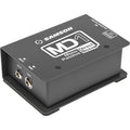 Samson MD1 DI box for audio signal connection, featuring input and output jacks, compact black design, and professional sound processing.