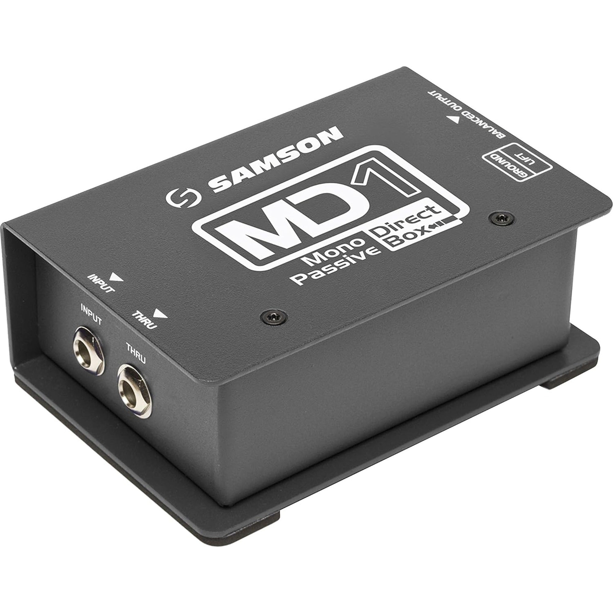 Samson MD1 DI box for audio signal connection, featuring input and output jacks, compact black design, and professional sound processing.