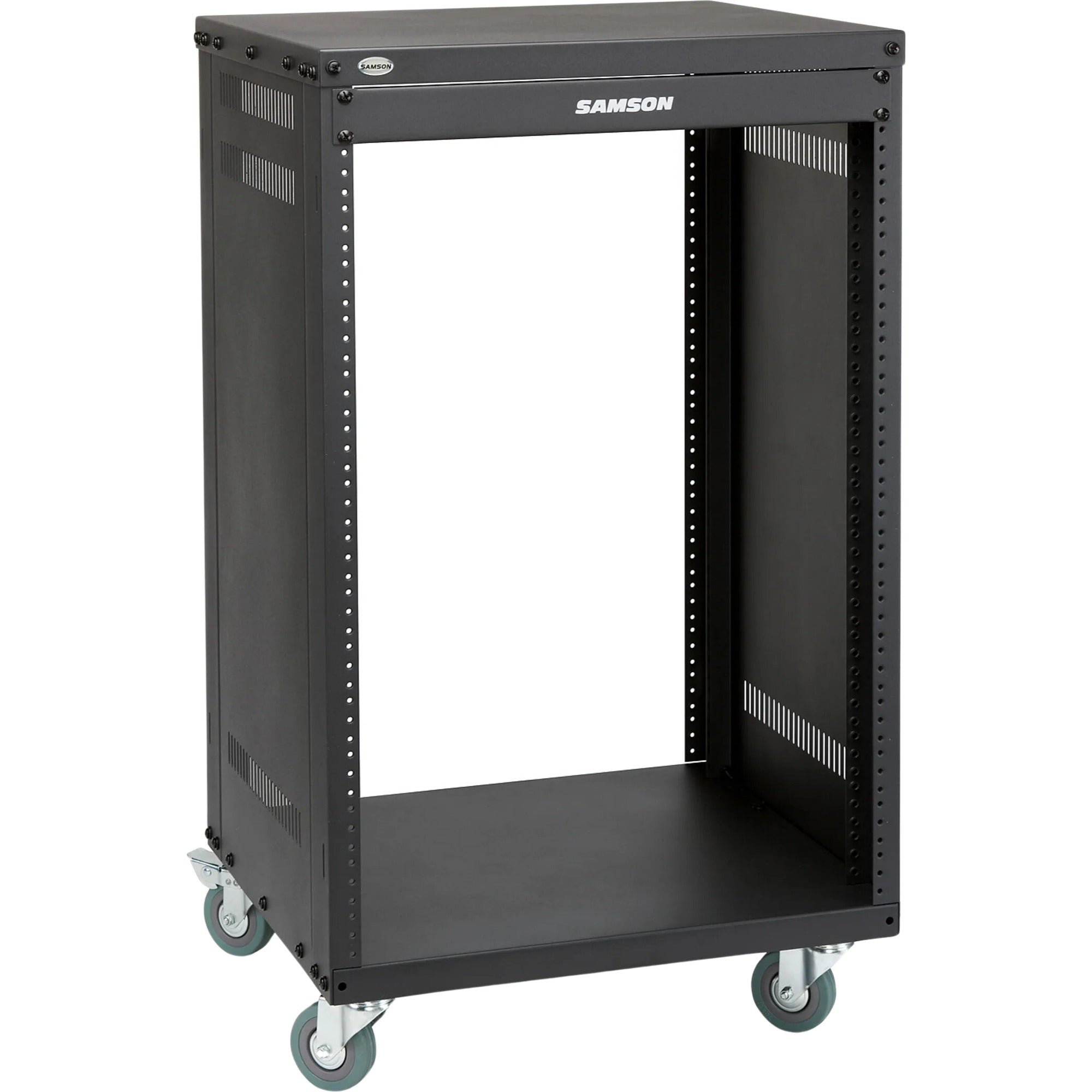 Samson SRK16 Metal Rack 16U in black, sturdy rackmount case for audio and equipment storage with handle and vented sides.
