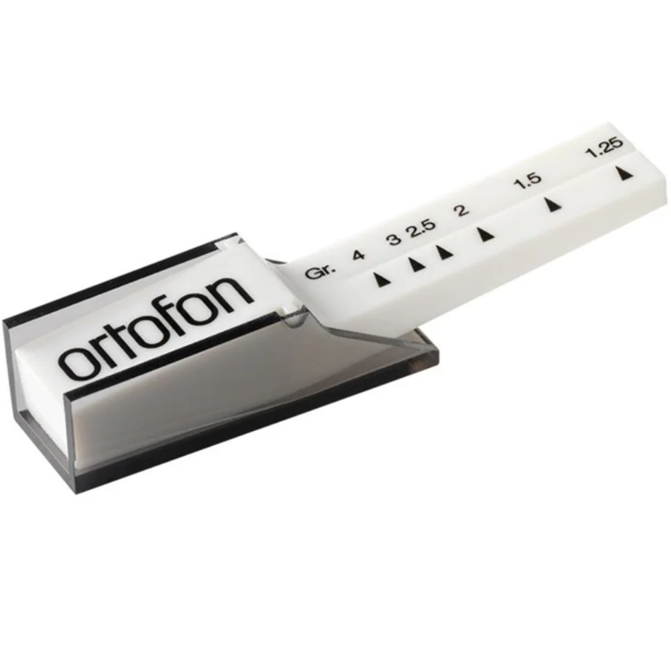Ortofon Stylus Pressure Gauge for cartridge adjustment, shown with a clear scale and dial for precise needle tracking.