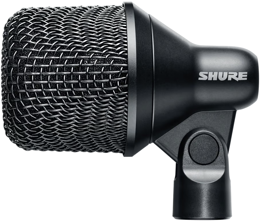 Shure Nexadyne 2 dynamic microphone shown in a close-up, highlighting its black body and grille design.
