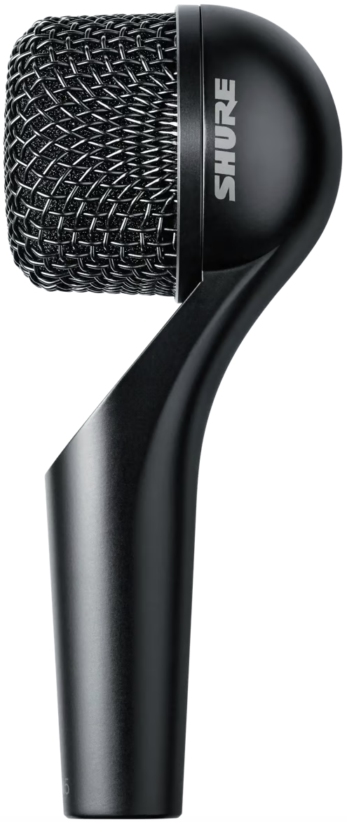 Shure Nexadyne 5 dynamic microphone with a sleek black design, featuring a metal grille and control switch for professional audio use.