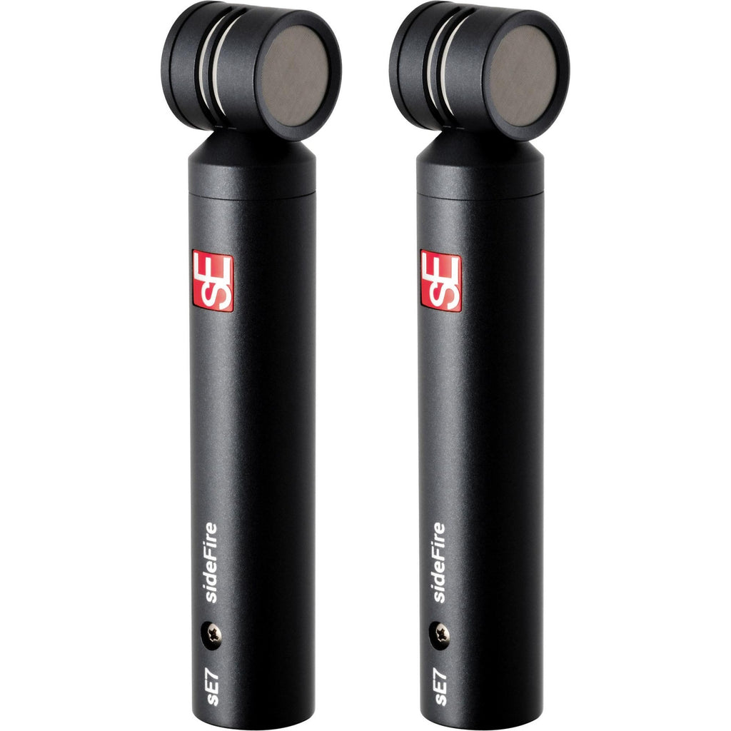 Pair of sE Electronics sE7 sideFire condenser microphones showing the sleek black design and side-fire capsule setup.
