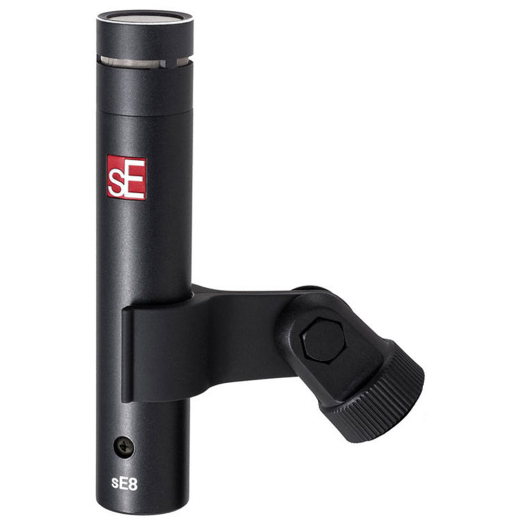 Pair of SE Electronics sE8 condenser microphones shown in stereo configuration, professional audio recording microphones.