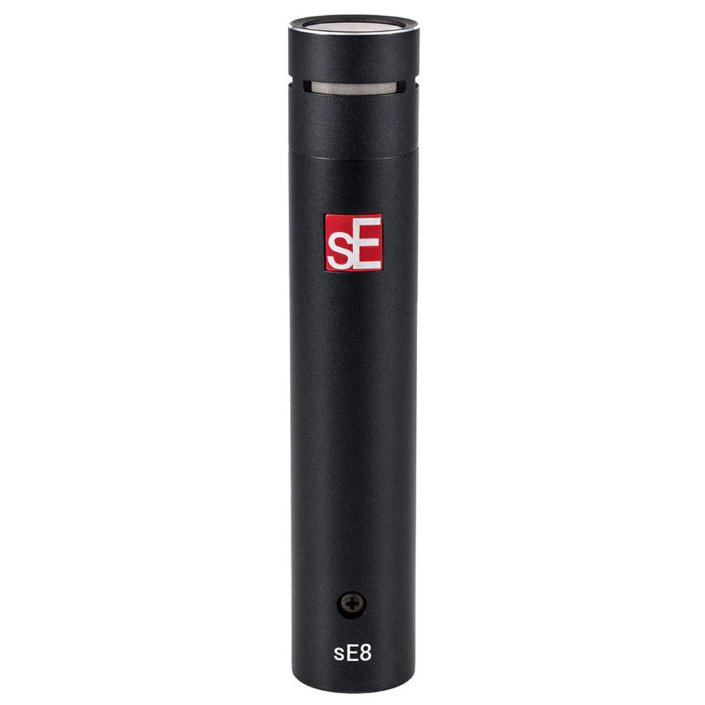Pair of SE Electronics sE8 condenser microphones shown in stereo configuration on a stand, showcasing professional audio recording equipment.