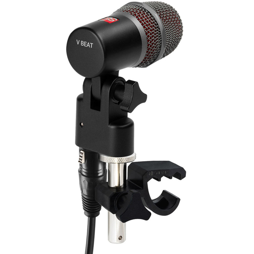 SE Electronics V BEAT dynamic microphone shown on a stand, with a black body and grille, designed for professional vocal and instrument recording.