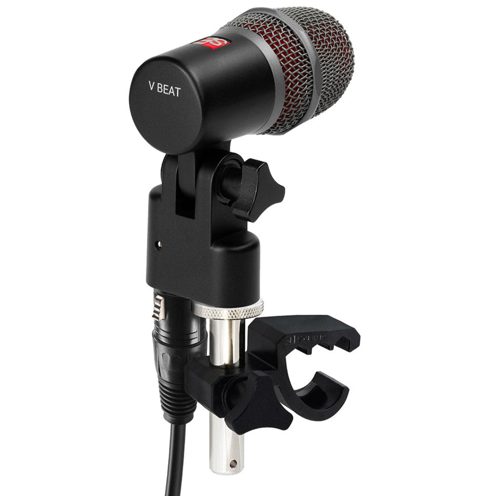 SE Electronics V CLAMP for microphone stands, shown attached to a stand, with a black finish and secure mounting features.