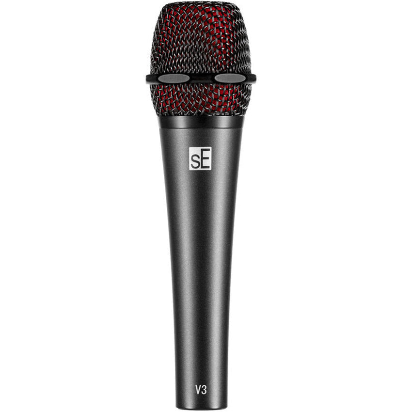 SE Electronics V3 dynamic microphone shown without switch, featuring a professional-grade microphone for studio and live sound applications.