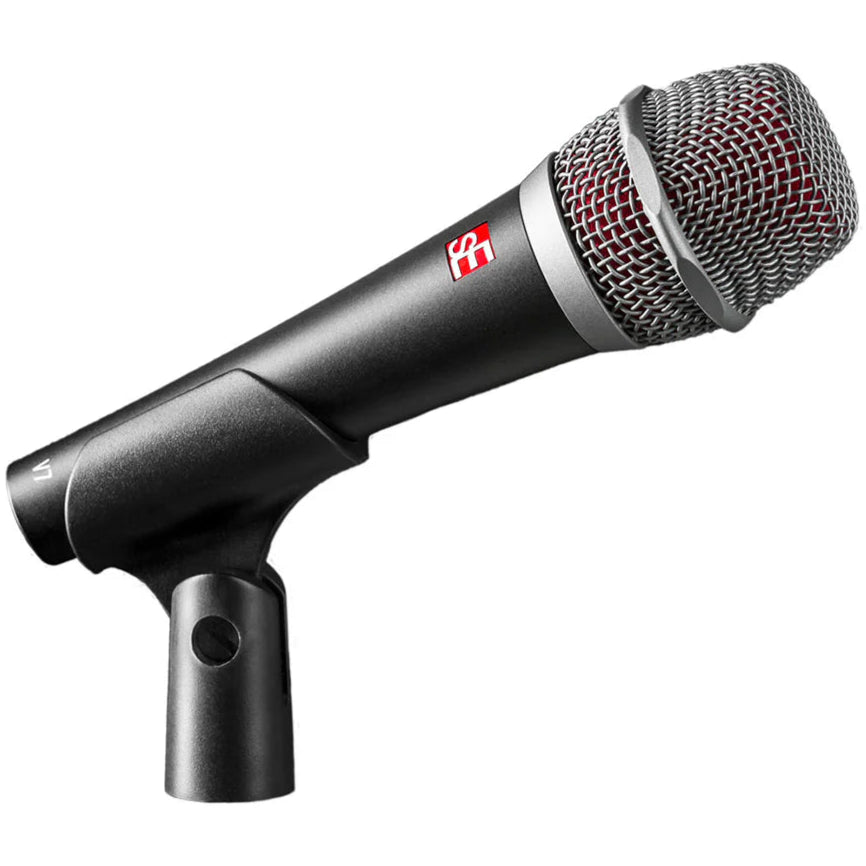 SE Electronics V7 dynamic microphone without switch, close-up view highlighting its robust build and professional-grade design.