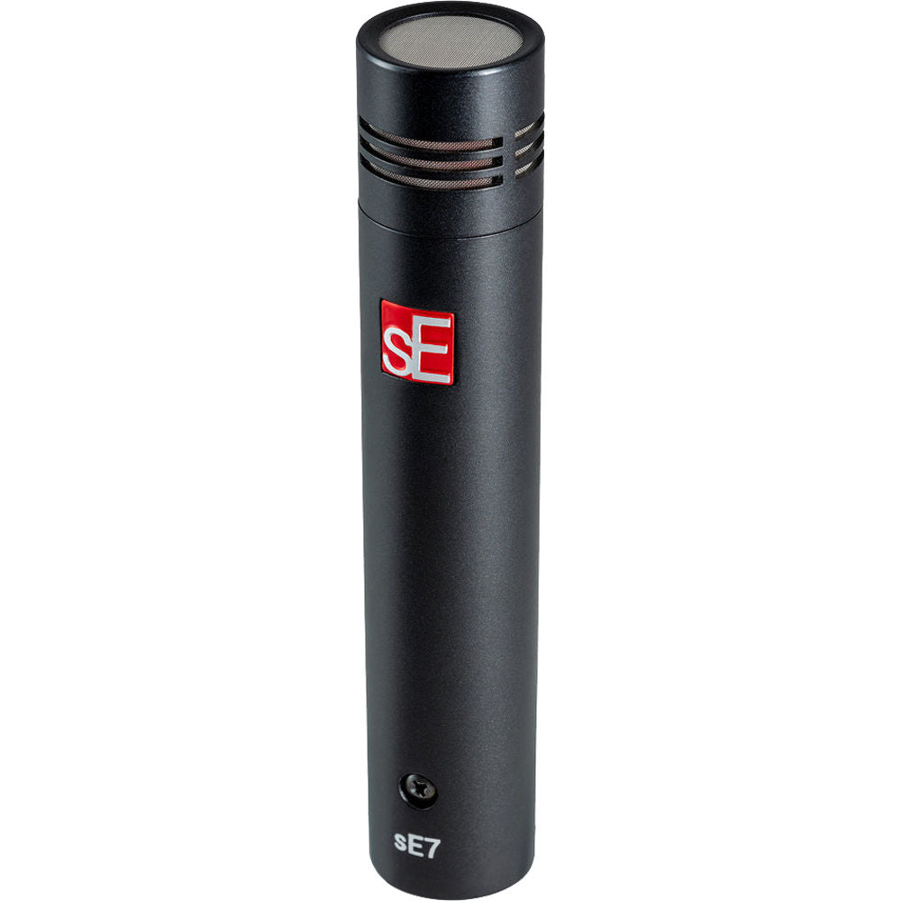 Pair of SE Electronics sE7 condenser microphones with black bodies and silver grille, designed for studio recording.