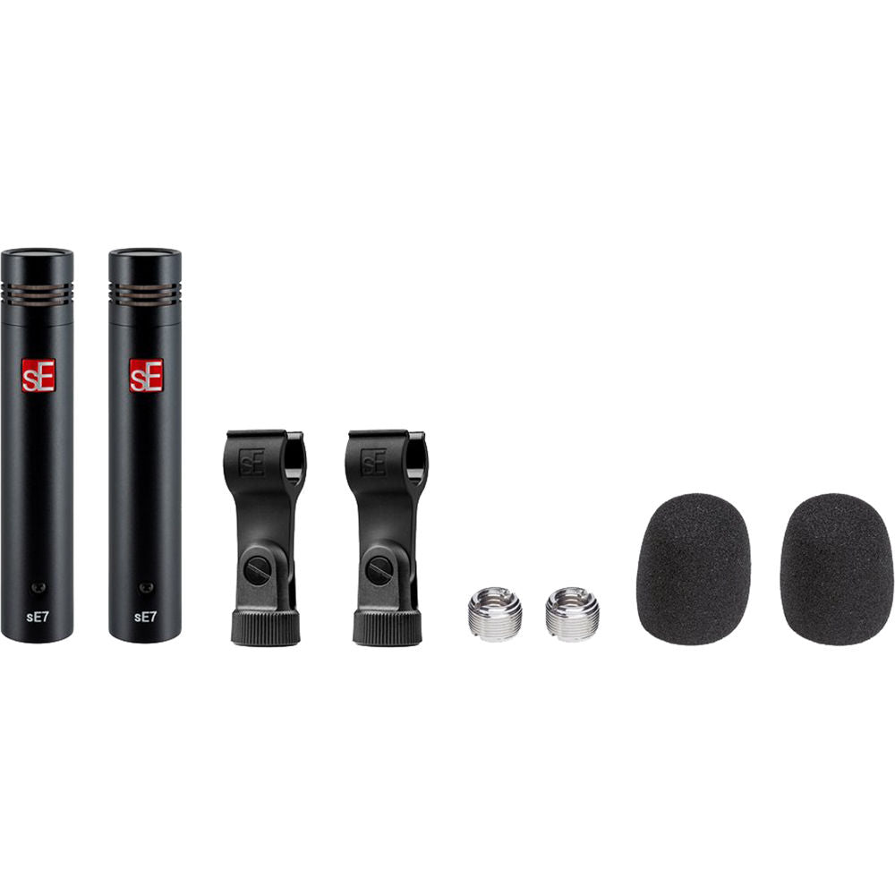 Pair of SE Electronics sE7 condenser microphones showing their black body and silver grille for studio recording.