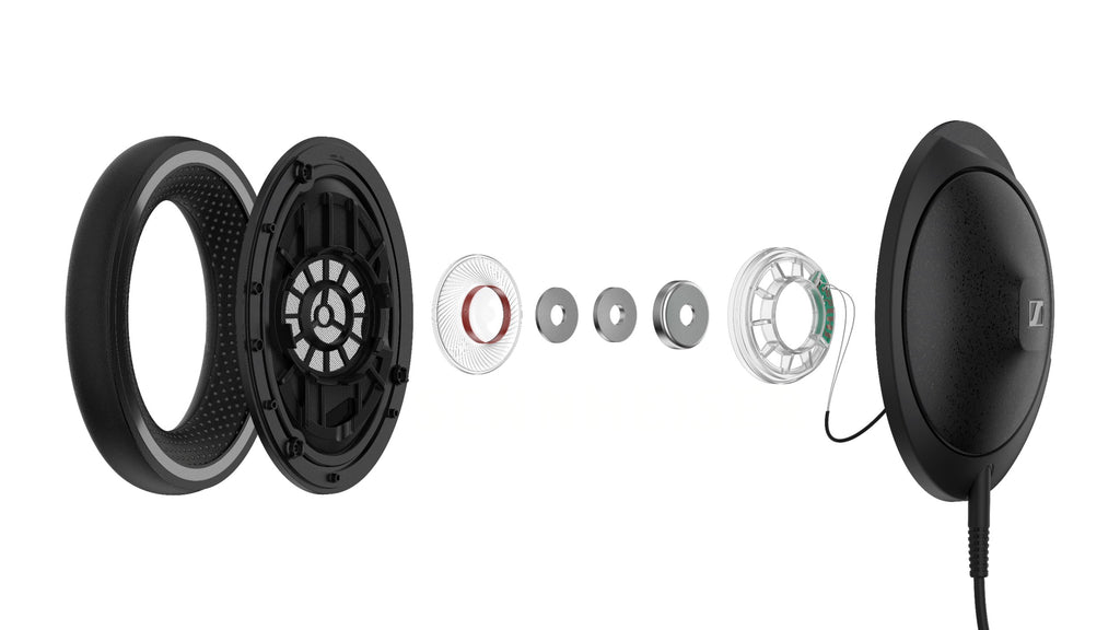 Exploded view of Sennheiser HD 620S headphones showing internal components and construction details.