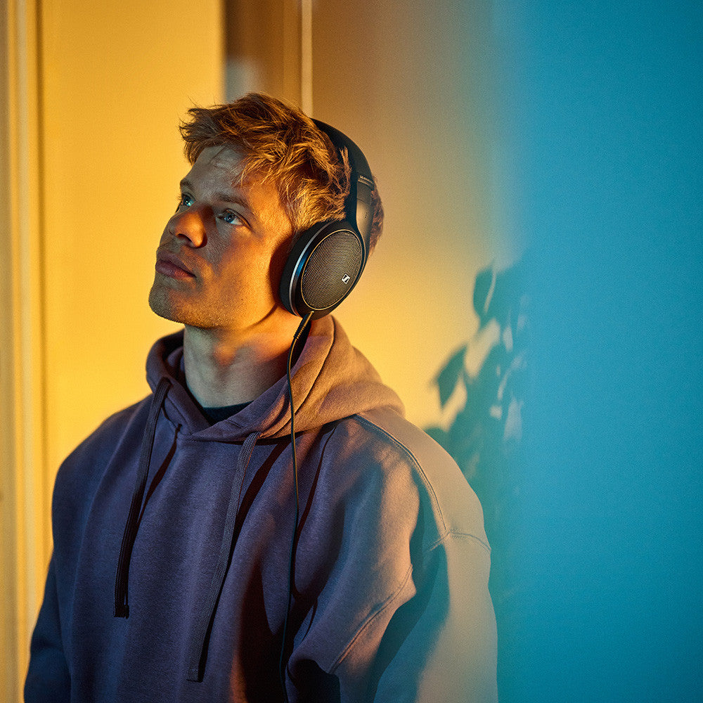 Sennheiser HD 550 open-back headphones, worn by user, lifestyle