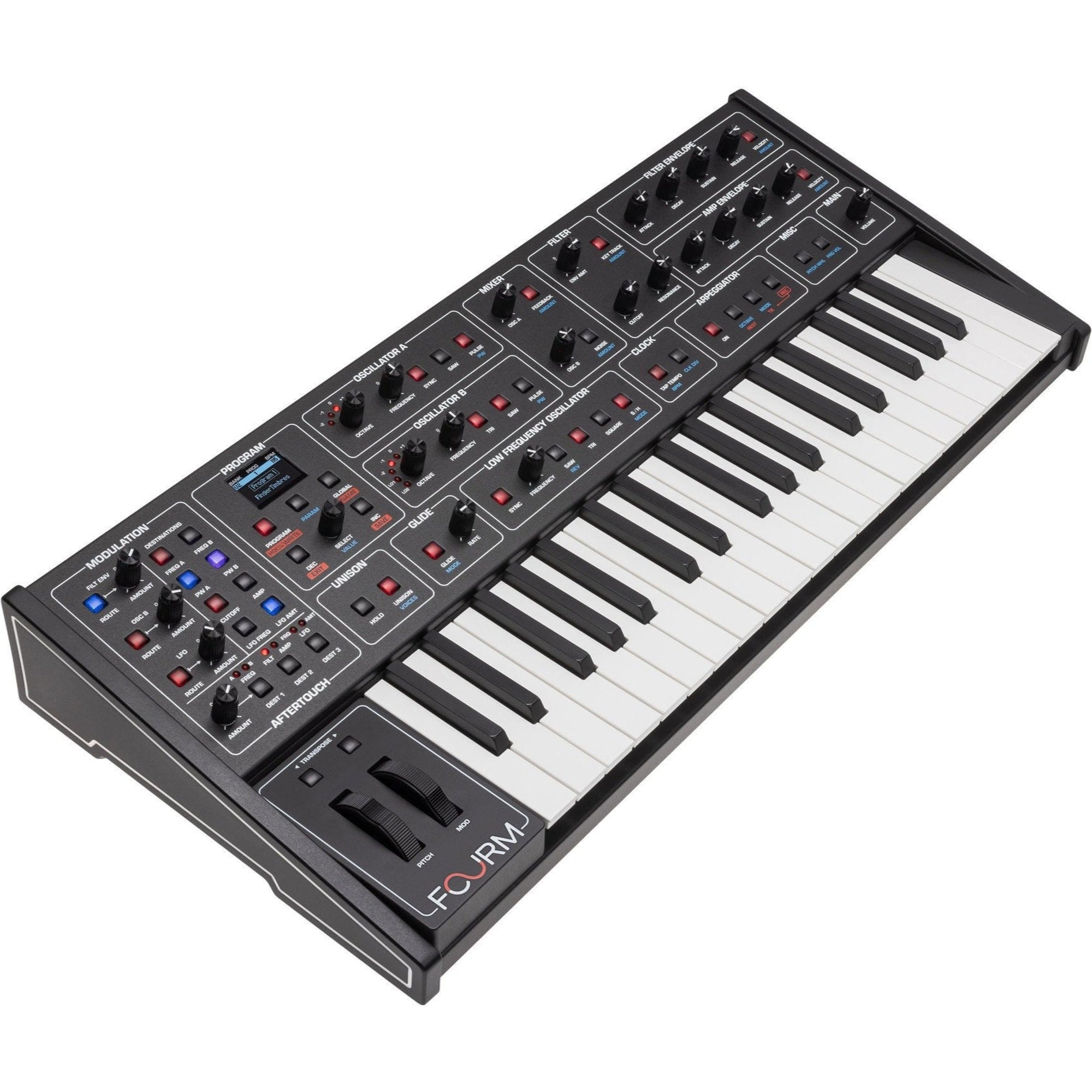 Sequential Fourm keyboard synthesizer shown with its sleek design and control panel in a close-up view.