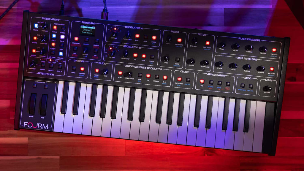 Sequential Fourm keyboard synthesizer with a compact design and multiple control knobs and keys, perfect for music production.