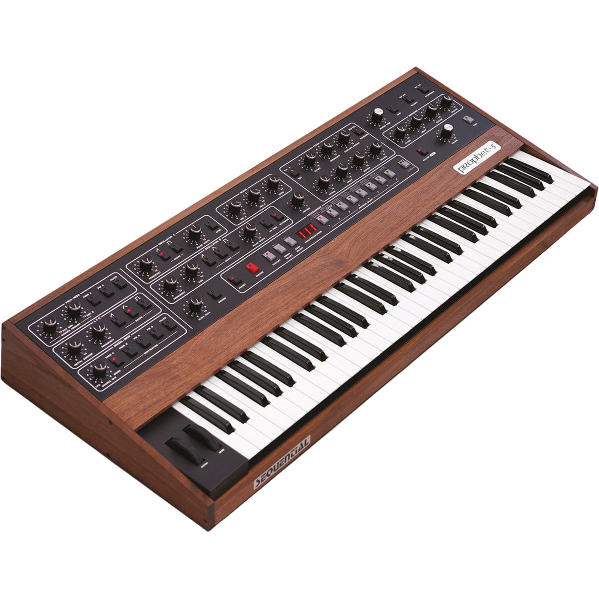 Sequential Prophet-10 synthesizer with vintage-style control panel and dual keyboard, showcasing its classic design and multiple audio outputs.