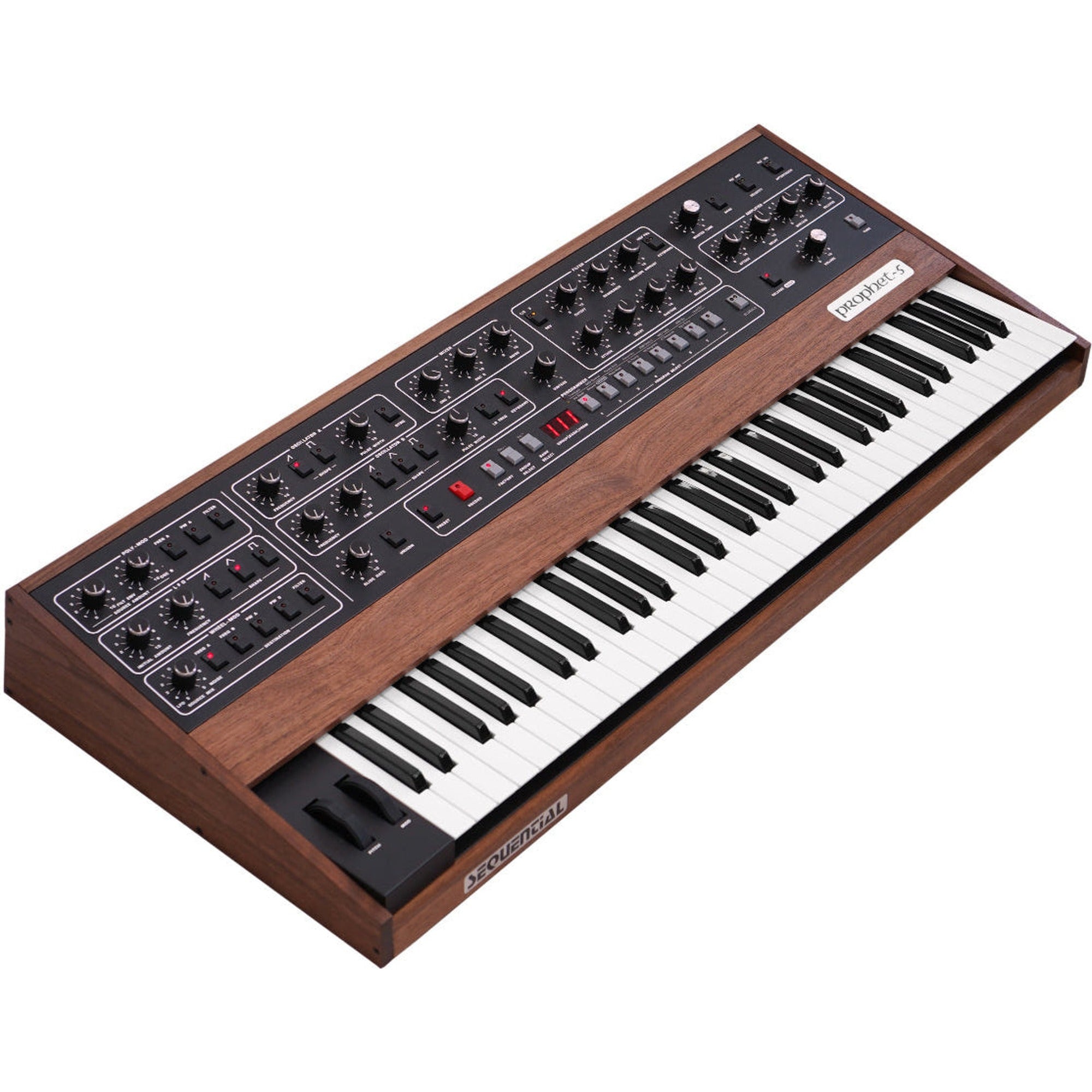 Sequential Prophet-5 synthesizer with vintage design, featuring multiple knobs and sliders on a classic analog keyboard.