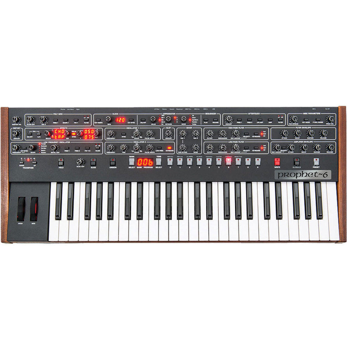 Sequential Prophet-6 synthesizer with classic control knobs and keyboard, featuring vintage-inspired design and advanced sound options.