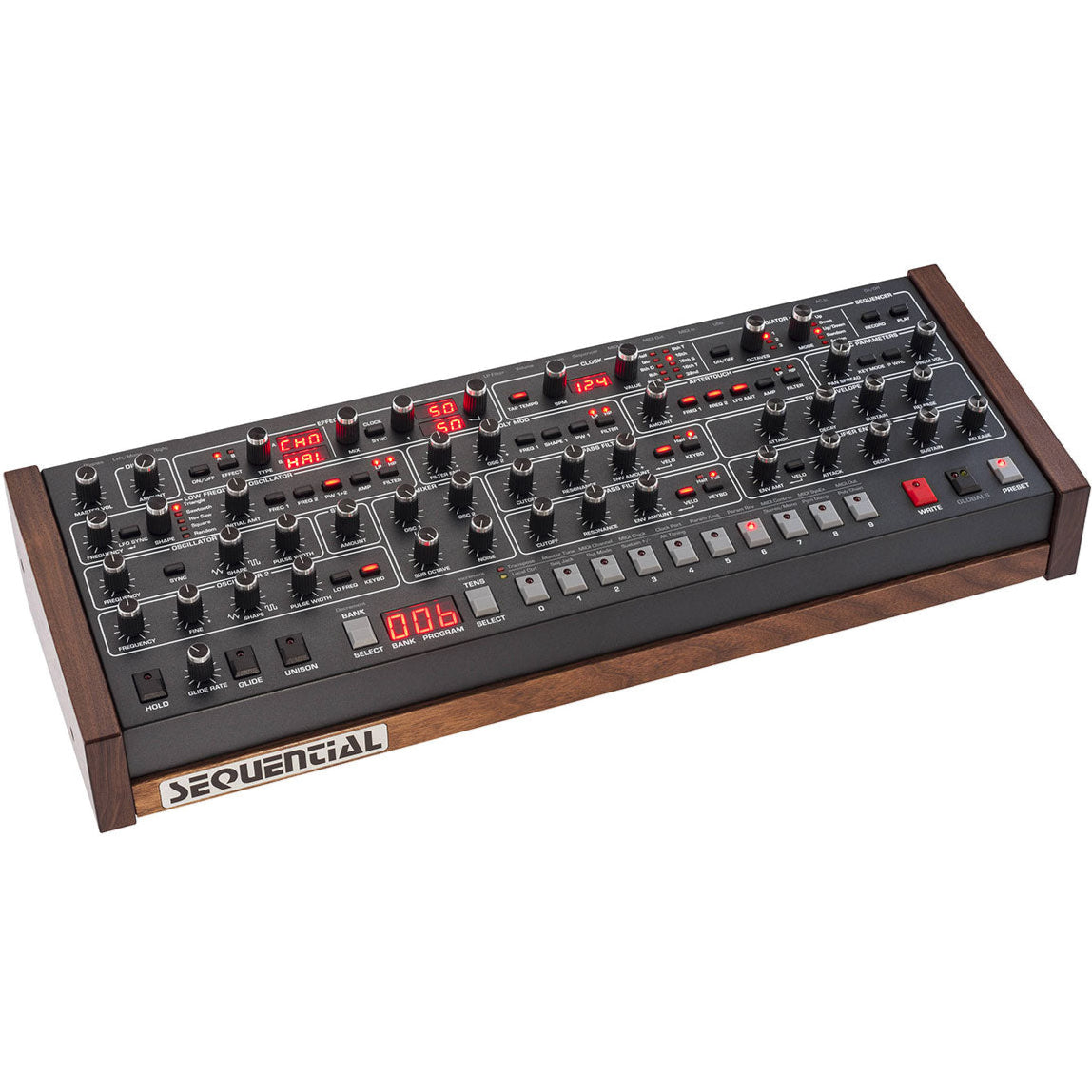 Sequential Prophet-6 Desktop synthesizer showing its front panel with knobs and switches for studio music production.