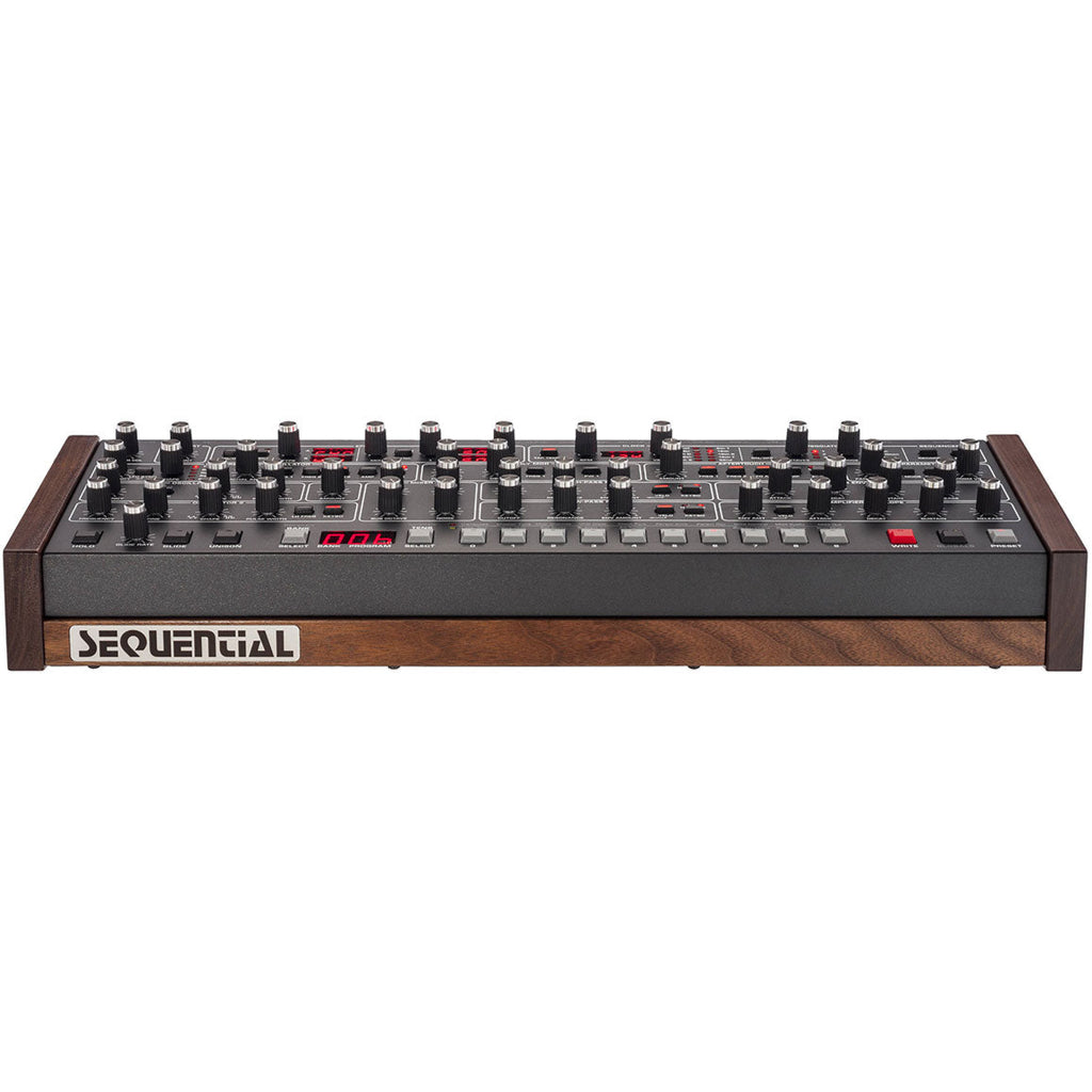 Sequential Prophet-6 Desktop synthesizer with dual oscillators, vintage-style knobs, and a compact design for studio or stage use.