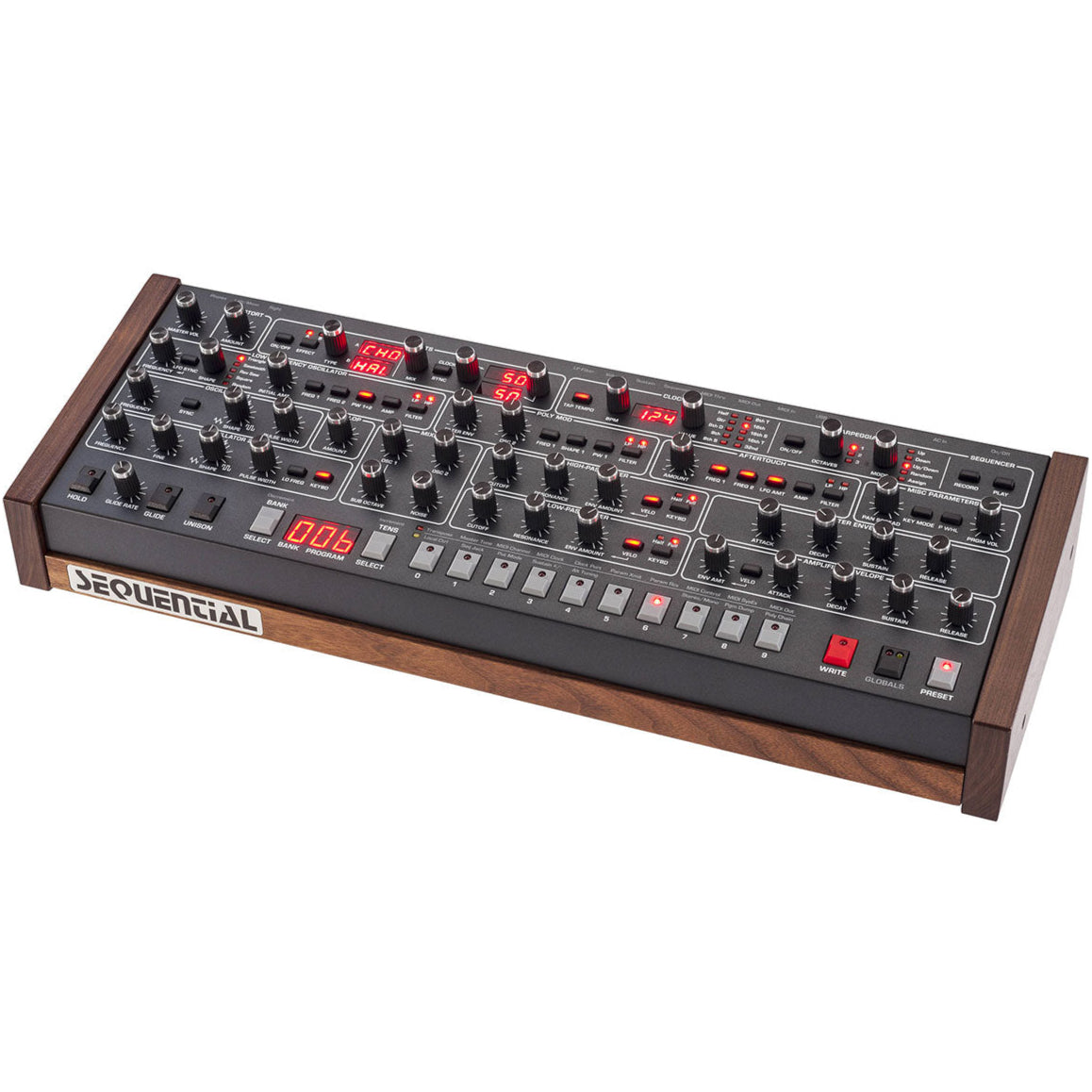 Sequential Prophet-6 Desktop synthesizer with keyboard and control panel, featuring multiple knobs and buttons for sound shaping.