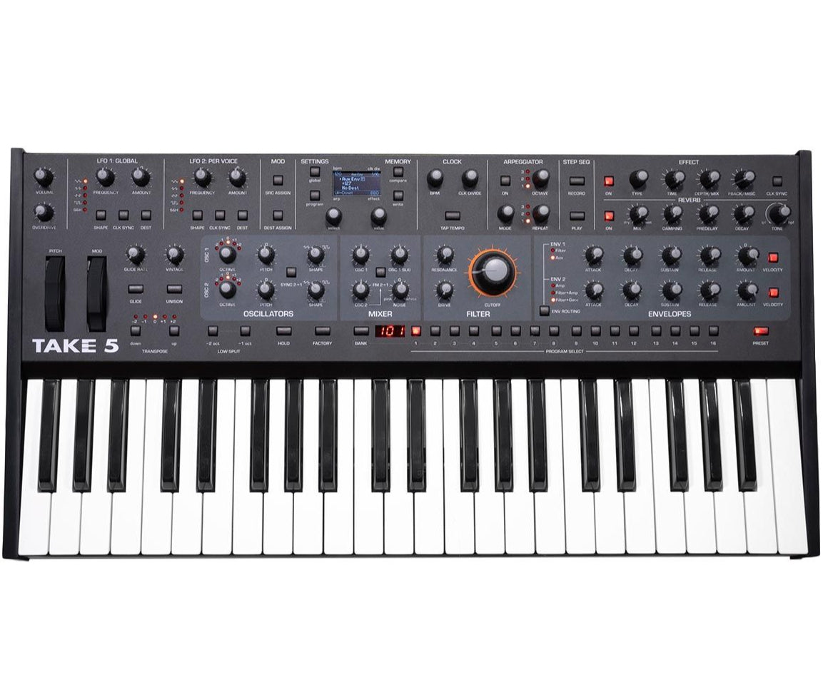 Sequential Take 5 synthesizer with knobs and buttons, showing its compact design and control panel for music production.