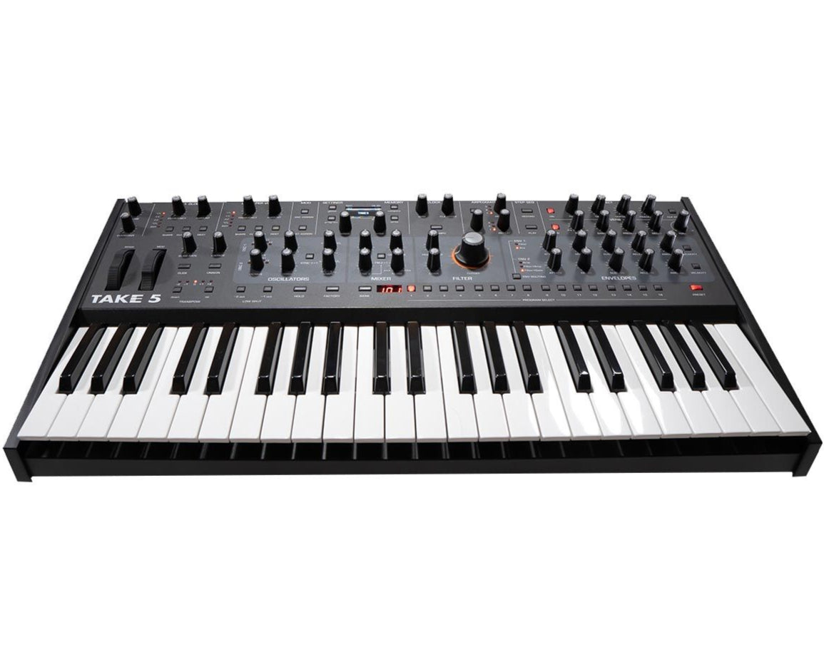 Sequential Take 5 synthesizer keyboard with control knobs and buttons, showcasing its compact design and interface.