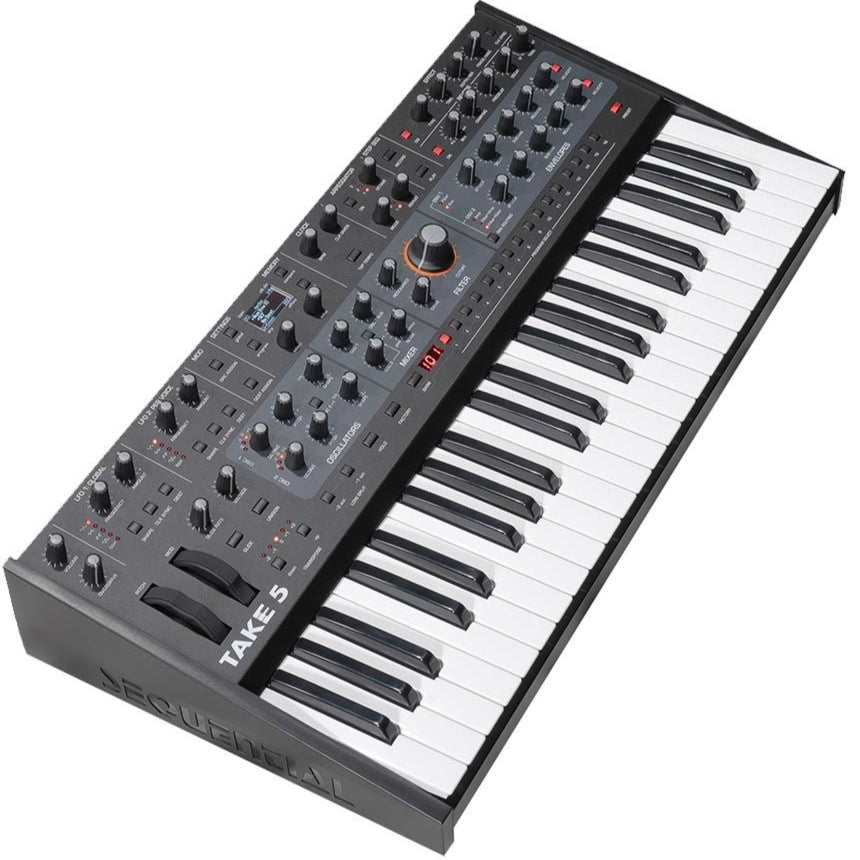 Sequential Take 5 synthesizer with front panel and control knobs, showcasing its compact design and interface.