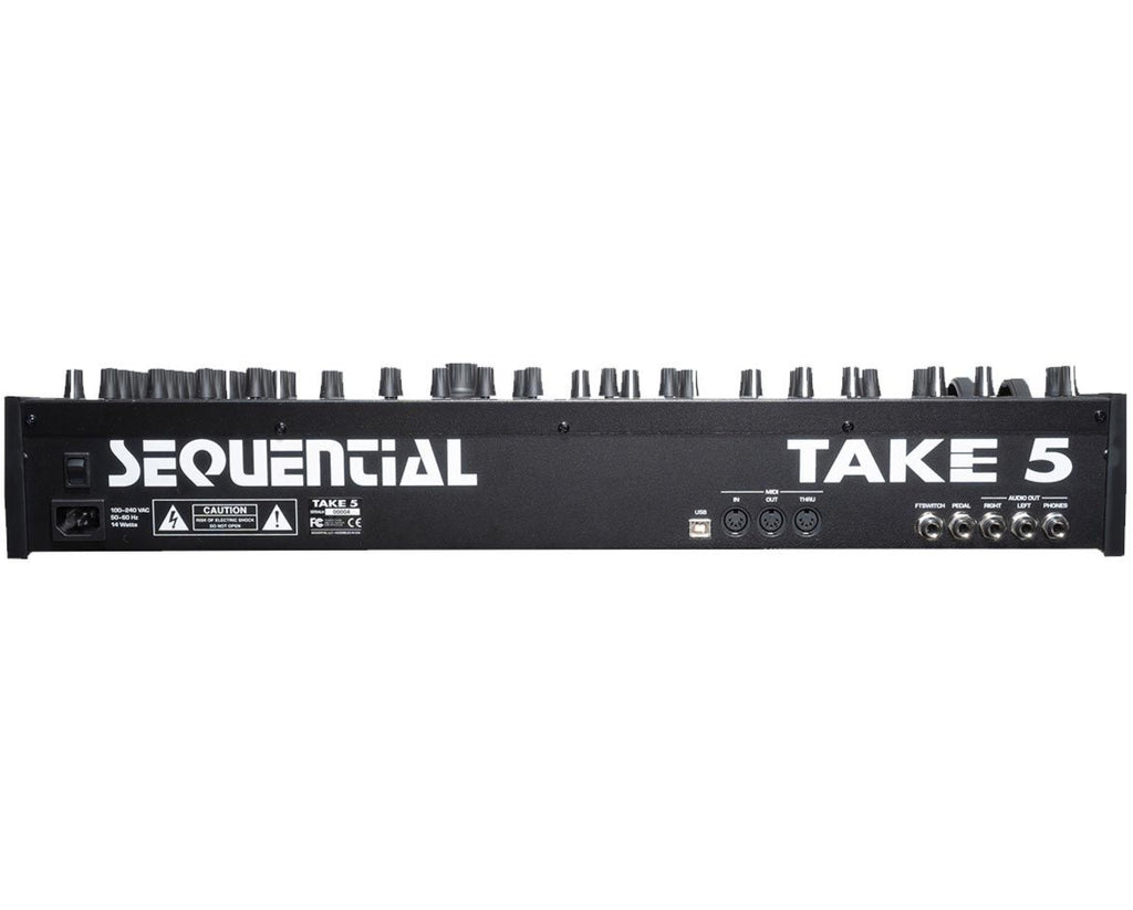 Sequential Take 5 synthesizer with colorful knobs and buttons, showcasing its compact design and control interface.