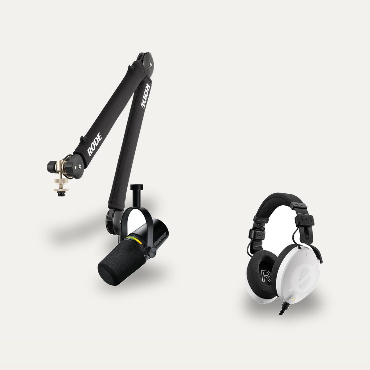 Shure MV7+ + RODE PSA1+ + RODE NTH-100 Creator Desk Set – Arm Colour Black, Headphones Colour White