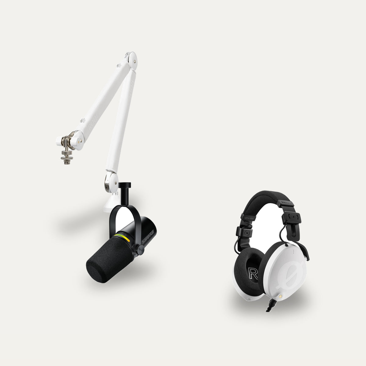 Shure MV7+ + RODE PSA1+ + RODE NTH-100 Creator Desk Set – Arm Colour White, Headphones Colour White