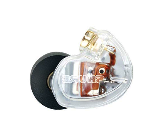 Shure SE535-CL wired in-ear headphones with detachable cables and clear sound, shown in black with ear tips attached.