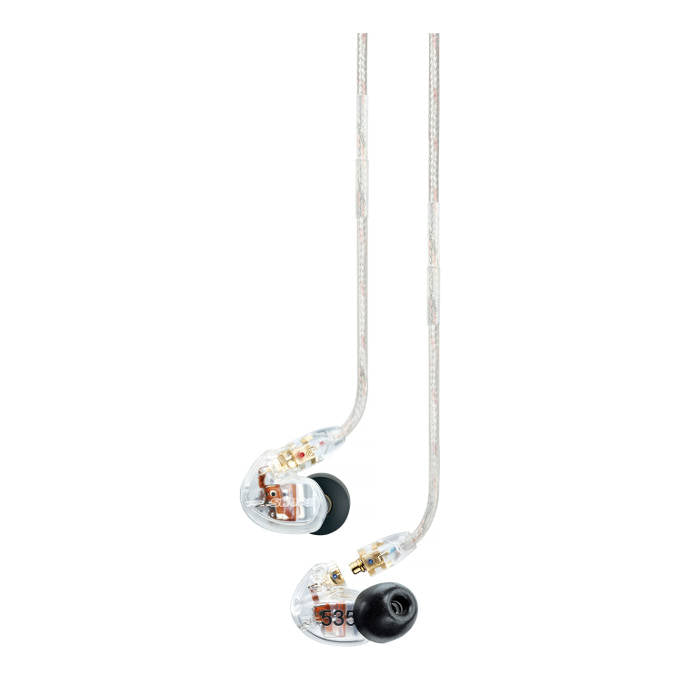 Shure SE535-CL wired in-ear headphones with detachable cables and clear sound isolation, shown in close-up.